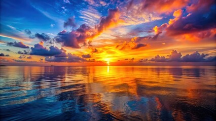 Wall Mural - vibrant sunset reflecting on the calm sea , twilight, horizon, ocean, dusk, serene, peaceful, beach,