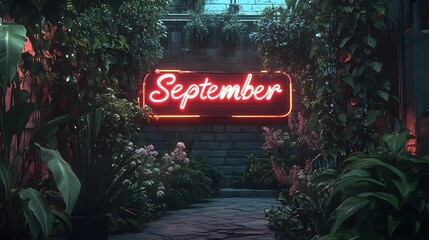 Wall Mural - September Neon Sign in Tropical Garden.