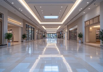 Wall Mural - Empty Mall Hallway with Polished Floor and Store Fronts