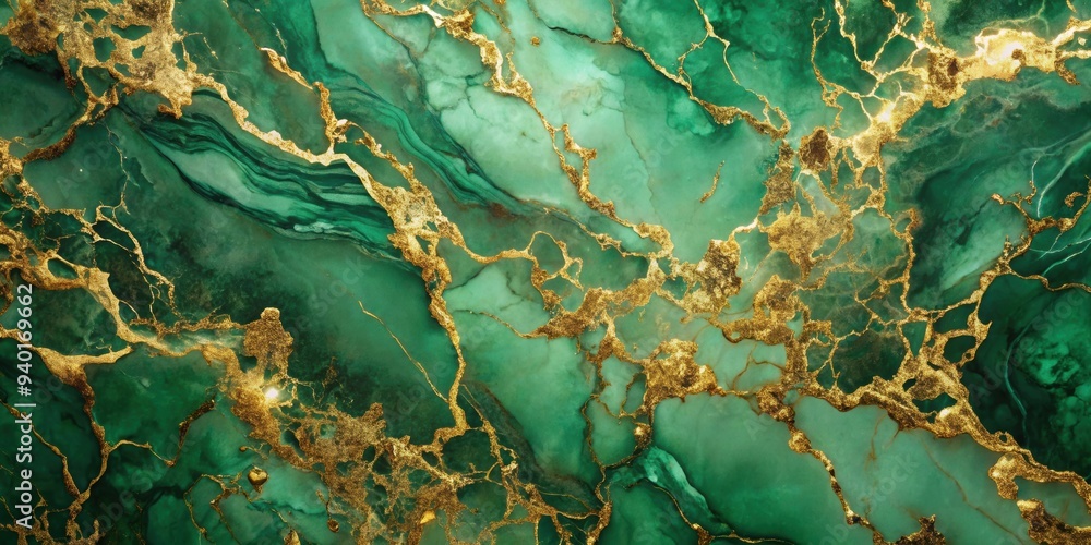 Abstract green marble texture with luxurious gold splashes creating an ...
