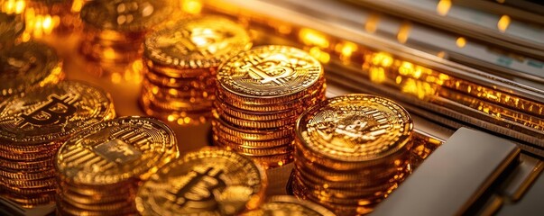 Close-up view of shiny gold coins stacked with a warm glow, representing digital currency and investment opportunities.