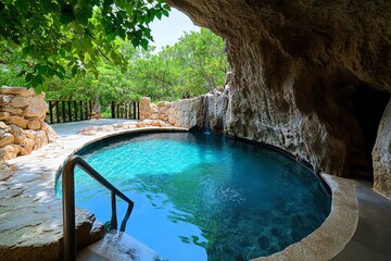 Aufkleber - A hot spring pool set in a rocky grotto, with natural light filtering through a small opening above
