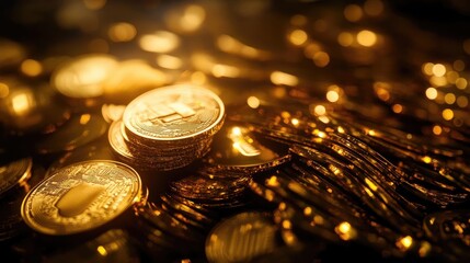 Wall Mural - A close-up view of shiny gold coins glimmering in warm light, symbolizing wealth and prosperity.