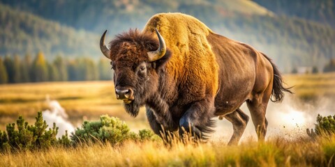 close up of a bison running , bison, wildlife, animal, mammal, motion, speed, powerful, strength, na