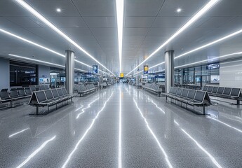 Poster - Empty Airport Terminal with Bright Lights