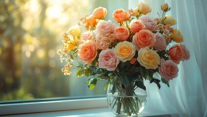 Wall Mural - A Bouquet of Roses by the Window