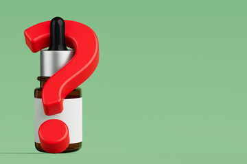 Poster - Blank Brown Medical Glass Dropper Bottle Mockup with Black Pipette and Red Question Mark. 3d Rendering