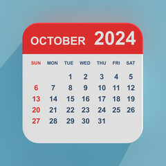Fototapete - Flat Icon Calendar October 2024. 3d Rendering