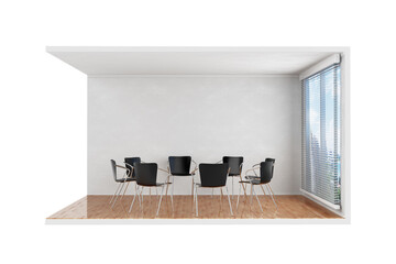 Poster - Chairs in Circle for a Therapy Recovery Meeting in Room Interior with Large Window and Wooden Parquet Floor. 3d Rendering