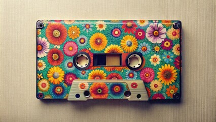 Retro music cassette covered with colorful flowers on a plain background, retro, music, cassette, colorful, flowers, vintage, nostalgia