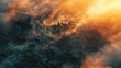 © sengah - Dramatic aerial view of a burning city engulfed in smoke and fire at sunset