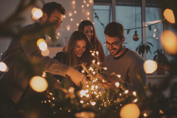 Wall Mural -  Group of friends enjoying a cozy Christmas gathering at home, decorating with festive lights and sharing joy.