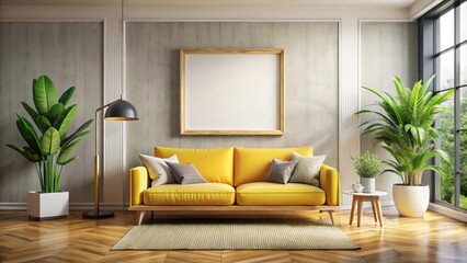 Modern interior with a yellow sofa, pillows, plants, and blank poster frame on the wall, modern, interior, yellow, sofa