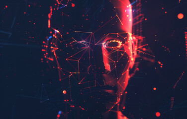 A digital human head is composed of glowing lines and polygonal dots against a background, with scattered floating elements in the dark space, creating a symmetrical composition.