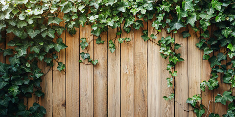 Poster - A wooden wall with green leaves growing on it, generative AI