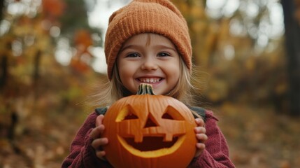 Sticker - Cute Little Girl Holding a Carved Pumpkin for Halloween