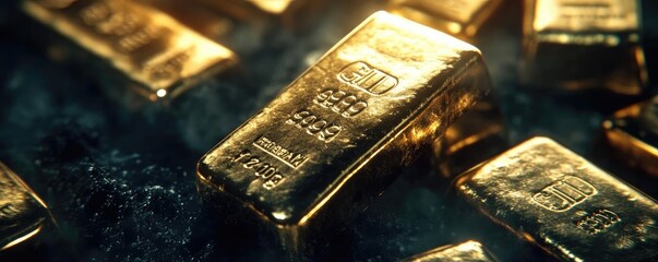 A close-up view of shiny gold bars stacked together, symbolizing wealth, luxury, and investment opportunities in precious metals.