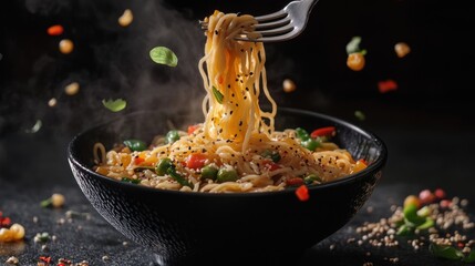 Canvas Print - Appetizing Noodles with Steaming Fork