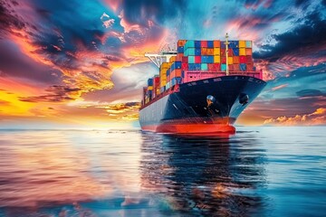 Wall Mural - Cargo Ship at Sunset