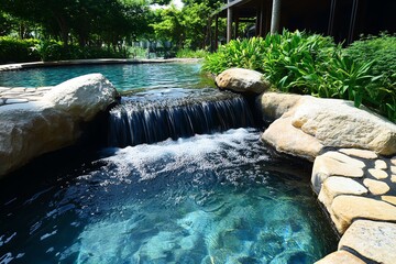 A hot spring with a waterfall cascading into it, adding a soothing sound to the tranquil environment