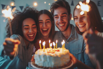 Wall Mural - Four people smiling around a beautifully decorated birthday cake with candles lit. A festive scene with cake, baked goods, and buttercream icing - a perfect party moment!