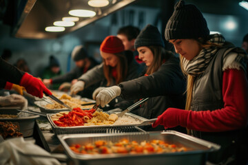  Volunteers serving hot meals to the needy at a local community food drive during the evening.