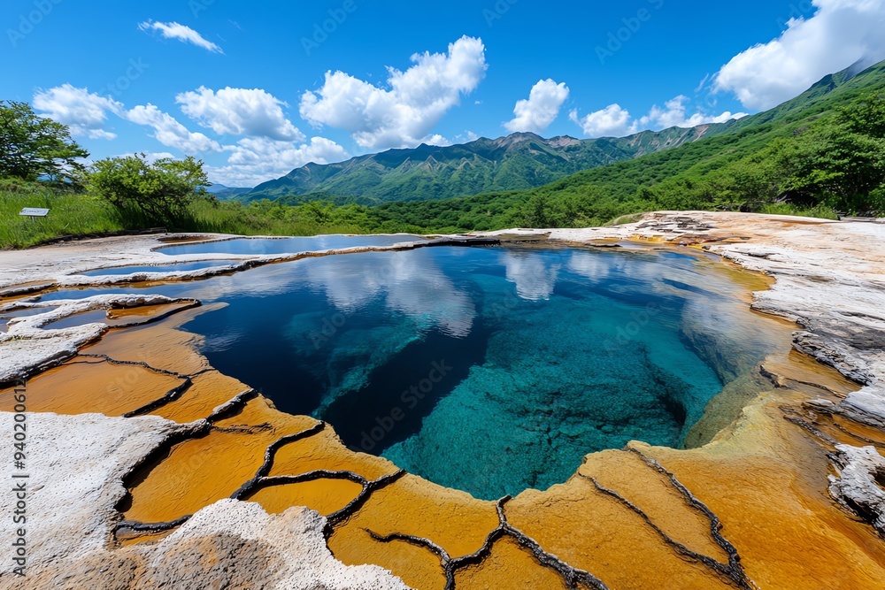 Hot Spring Stream With Rocks A hot spring with geothermal features, where the water bubbles and ...