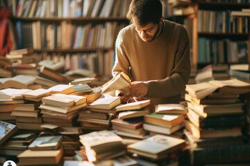 man arranging books on a shelf in a public library. Numerous publications neatly displayed on the bookcase behind her, creating a calm and organized room.