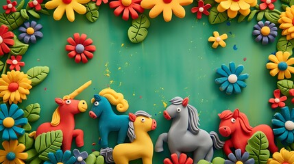 Wall Mural - A green background with a whimsical border of colorful flowers and four clay horses.