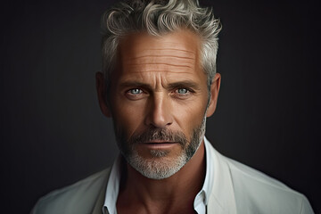 Portrait of a mature Caucasian man with distinguished grey hair and stubble, intense gaze, white shirt