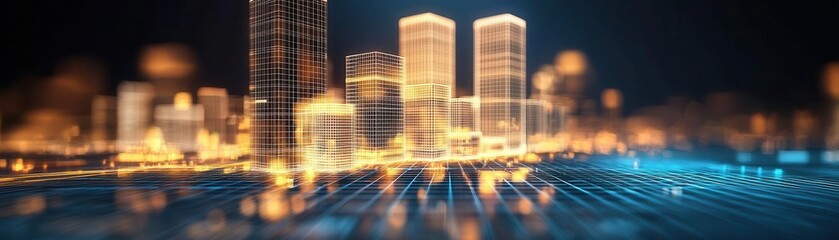 Futuristic cityscape with 3D geometric skyscrapers, wireframe streets, and glowing grid patterns in a night scene, futuristic cityscape, wireframe architecture