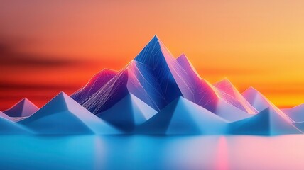 Wall Mural - Geometric mountain range with sharp 3D peaks, glowing wireframe patterns, and a dark, mysterious sky, 3D mountain range, geometric peaks