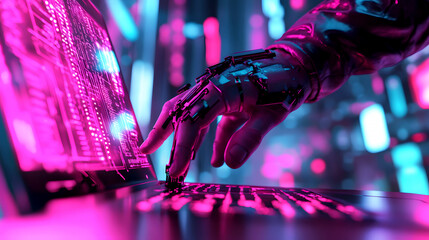 Cyberpunk Aesthetic A cinematic, neon-lit scene with a software engineer's hand hovering over a laptop, the screen reflecting code in bright pink and blue hues
