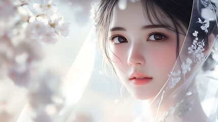 Wall Mural - A woman with long dark hair, wearing a white veil with floral patterns, looks softly to the side.