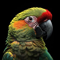 Colorful Parrot Portrait on Black Background Showing Vibrant Feathers and Intense Gaze