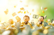 © Weerapat - Two cheerful figures celebrating amidst falling money, symbolizing wealth and success in a joyful environment.