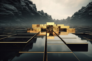 Surreal futuristic cityscape with golden structures and reflections on water, set against dark mountainous backdrop