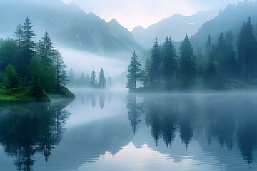 Sticker - a lake with trees and mountains in the background. 