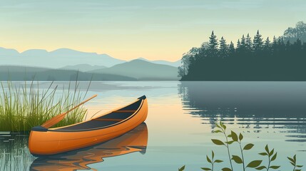 Wall Mural - An illustration of a canoe on a still lake with mountains in the background.