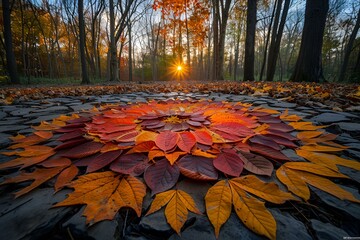 Poster - a circular pattern of leaves on a stone. 