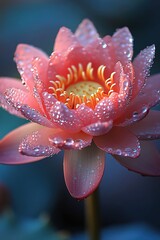 Wall Mural - Closeup of a dewy pink lotus flower, morning light, macro shot