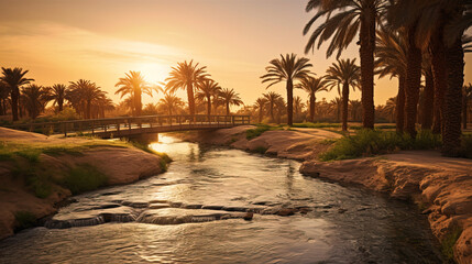 Poster - Serene Oasis Sunset: Palm Trees and Golden River