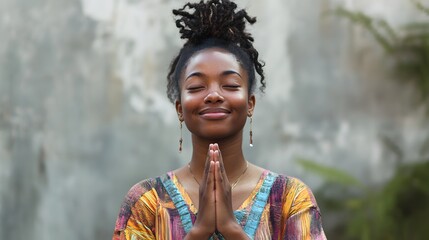 Joyful African Woman Meditating in Tropical Rainforest Waterfall Landscape