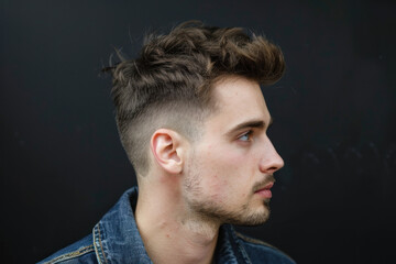 Man with a strong jawline, full beard, and quiff, showcasing a well-defined forehead and cheekbones. Facial hair and clean skin add to his striking portrait.