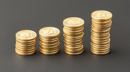 A collection of stacked gold coins representing cryptocurrency growth and investment, ideal for financial themes and digital currency.