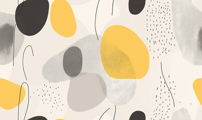 Abstract seamless pattern with black, yellow, and grey organic shapes on beige background.