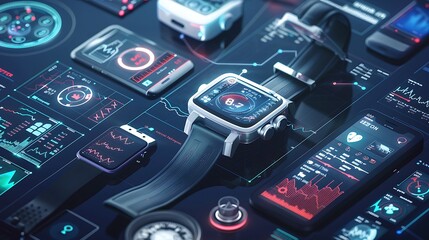 Smartwatch with a black strap, on a dark background with a glowing digital display showing health data. The smartwatch is surrounded by other devices that are also tracking health fitness information.