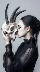 Halloween Witchcraft Ceremony with Gothic Woman and Skull.  Digital Illustration 