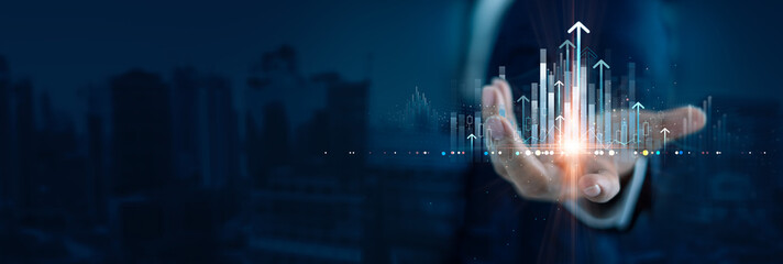Leinwandbilder - Businessman holding structure graph chart arrows growth of business investment, Target and strategy increase profit for success on global network, Economy, Financial and digital marketing technology.