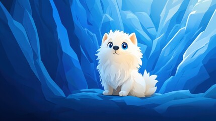 A majestic white dog with striking blue eyes enchants against a magical, dreamlike landscape in this whimsical digital art.